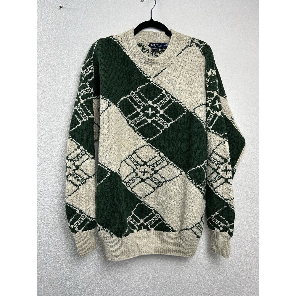 Vintage 90s Nautica Cotton Diamond Argyle Preppy Sweater Beige Green XL Grandpa